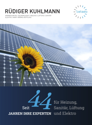 Eine Sonnenblume steht vor einer Reihe von Solarpanelen, die den blauen Himmel reflektieren und eine nachhaltige Energiequelle symbolisieren.